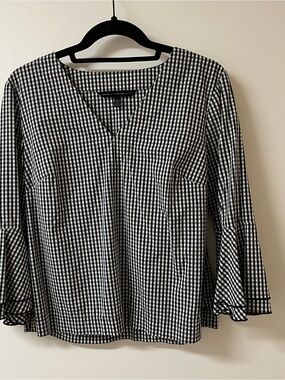White House Black Market Black and White Gingham V-Neck Bell Sleeve Blouse